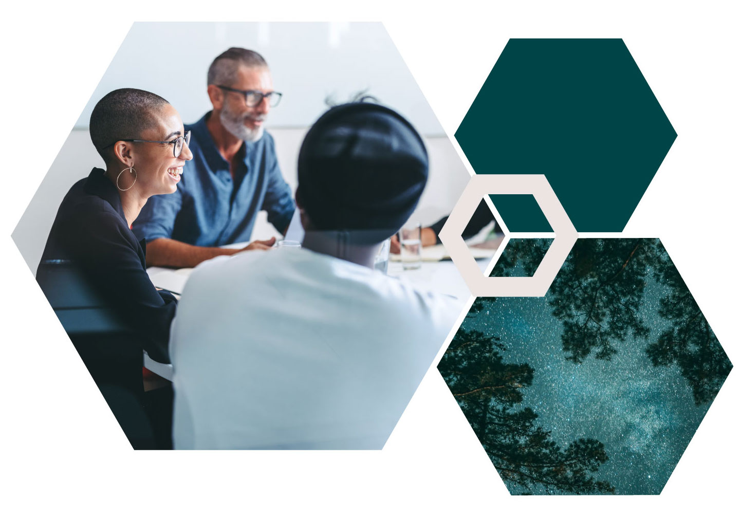 Hexagon photo collage featuring images of people collaborating at a conference table, and stars in the night sky. 