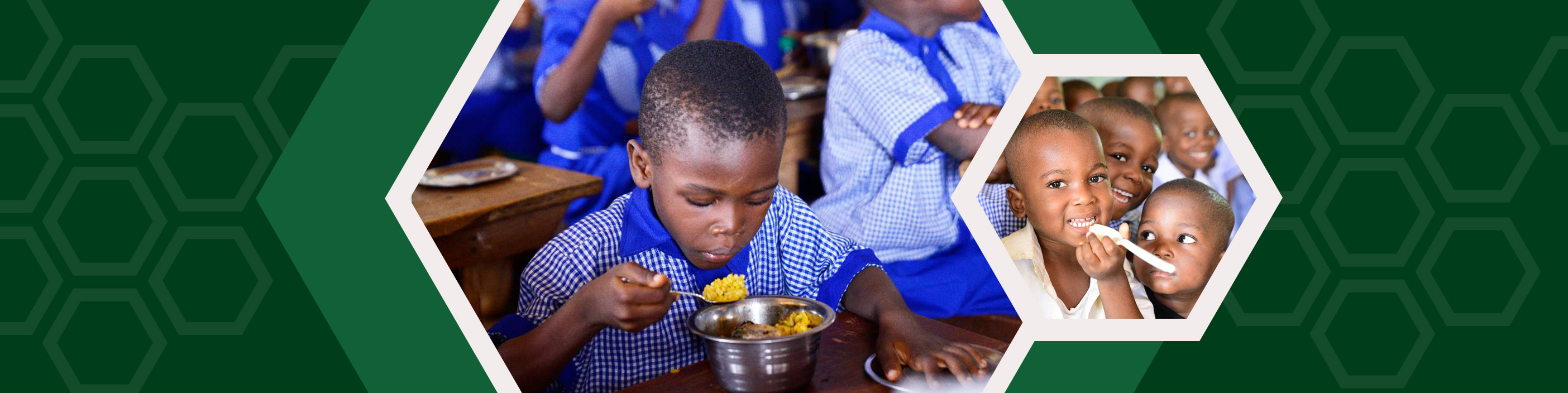 Children in blue and white checkered school uniforms eating meals.